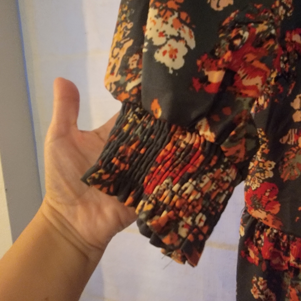 Umgee Floral Dress, Long Sleeve Maxi, Green And Orange Small - Picture 9 of 9